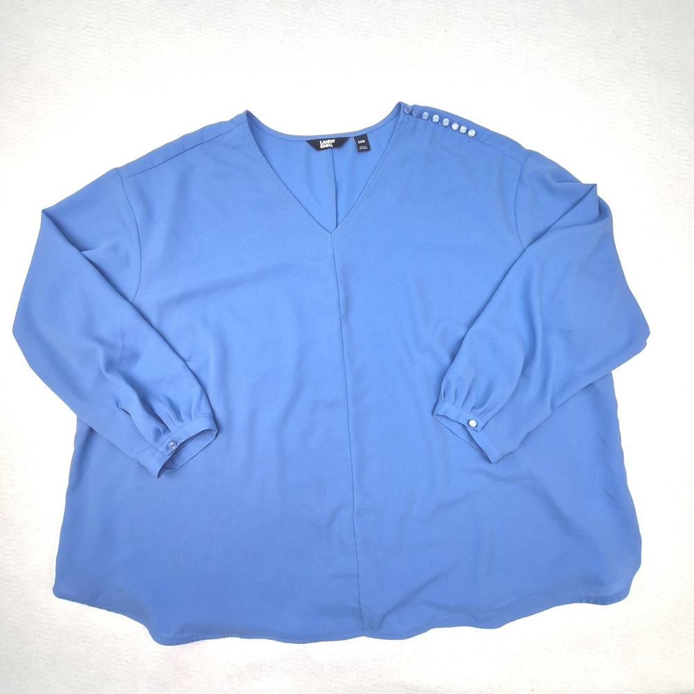 Lands‎ End Blouse Womens 26W Blue Shoulder Button V-Neck Long Sleeve Relaxed Fit